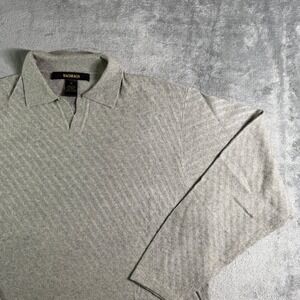 Bachrach Mens Gray Herringbone Knit Polo Silk Cashmere Long Sleeve Sweater Sz M